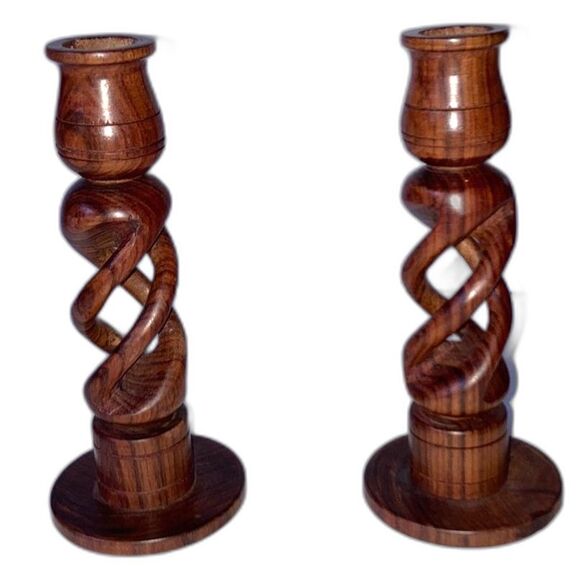 Candlesticks Wood Swirl Spiral Hand Carved 6.5 inches Tall  Set of 2 - Picture 1 of 9